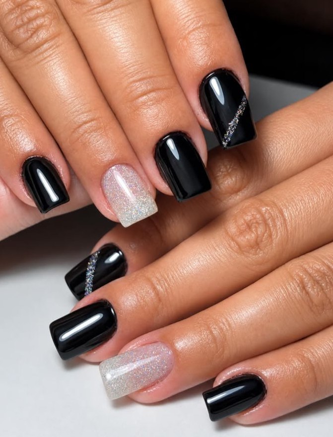 Unhas pretas com detalhes em glitter
